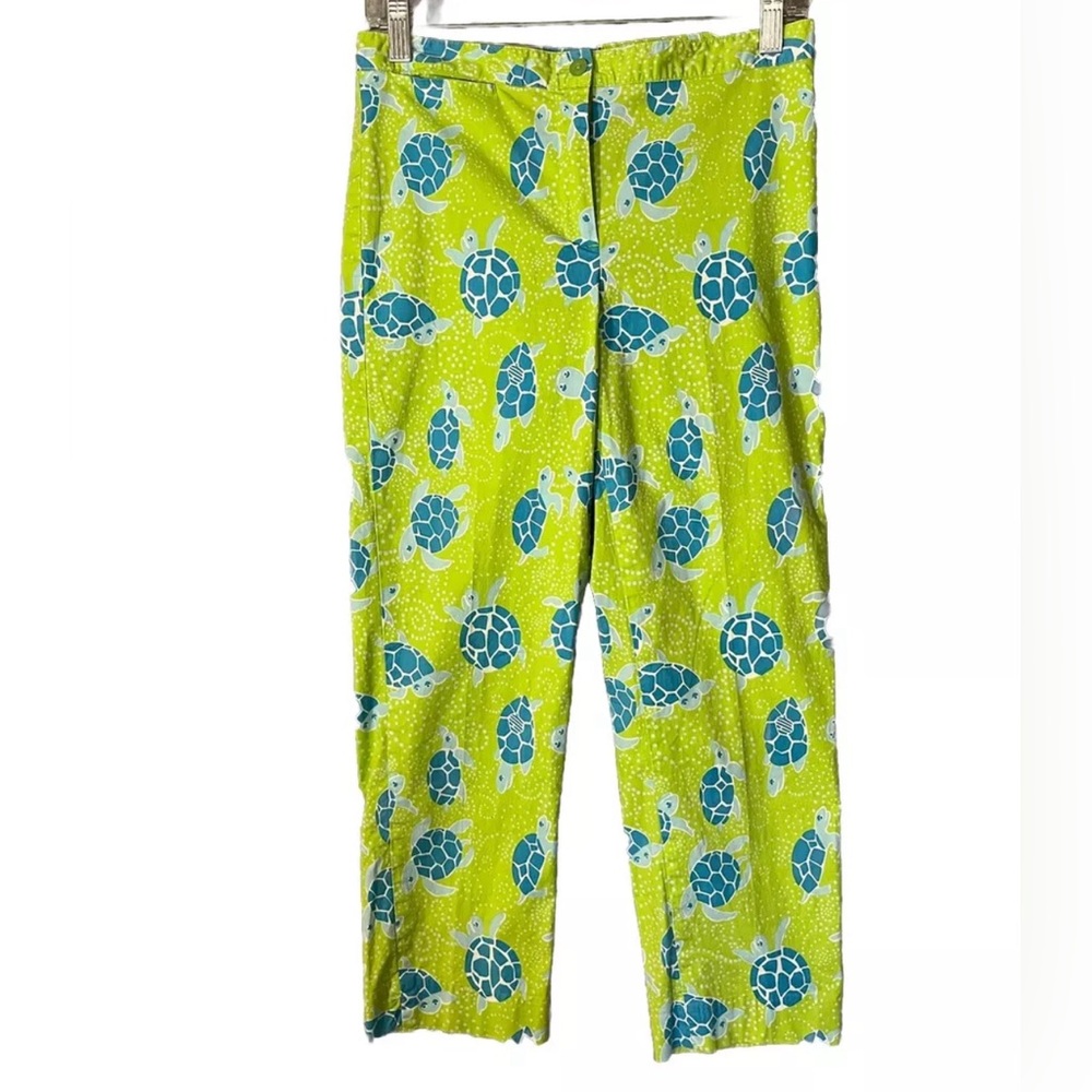 VTG Lilly Pulitzer Sea Turtle Pants Ankle Green Citron Aqua Blue Sz 6 Beach Sea